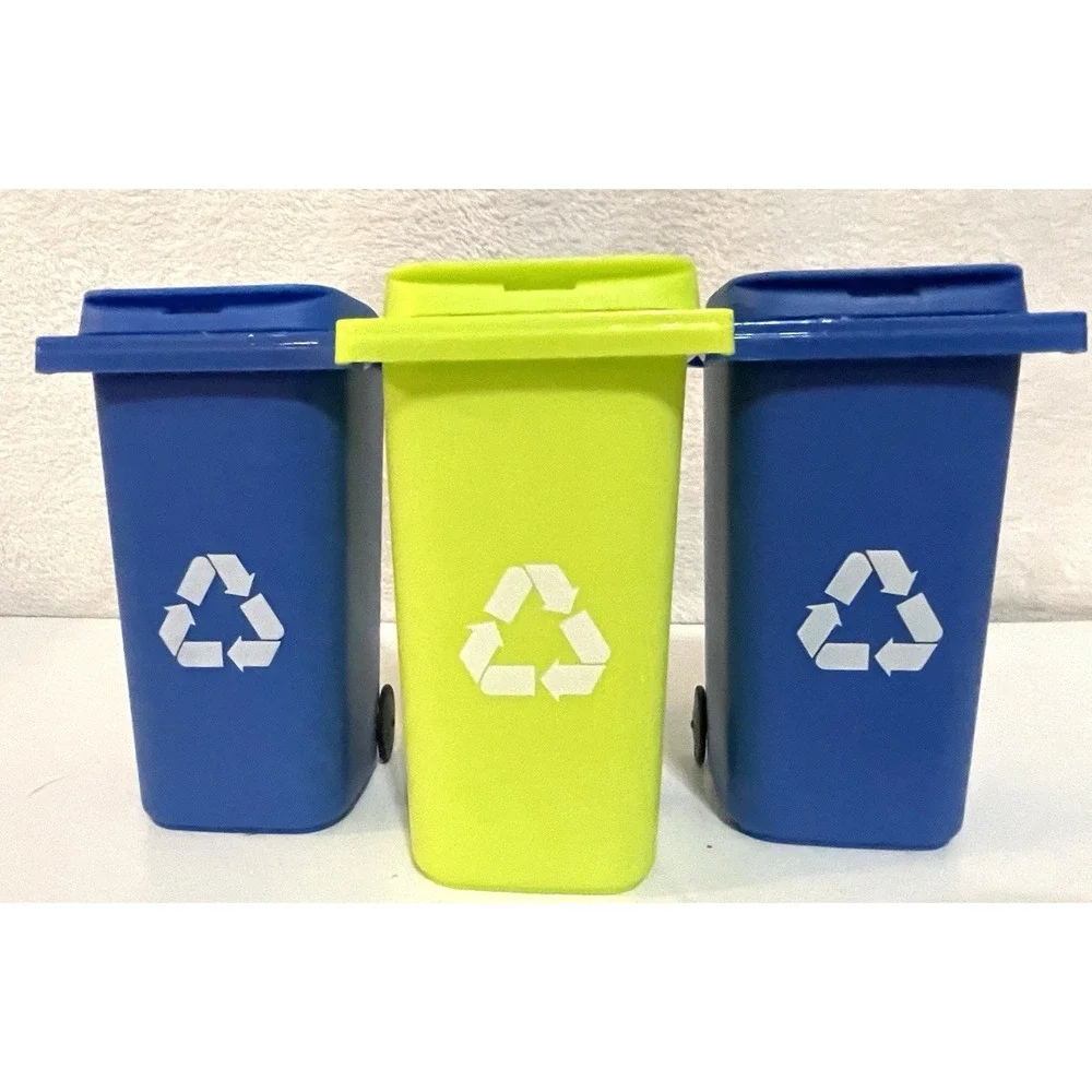 New (3) Desk Decor Pencil Holder Mini Blue & Yellow Recycling Garbage Cans